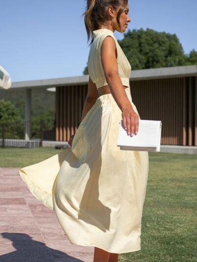 Cutout Mock Neck Sleeveless Ruched Dress Product Image