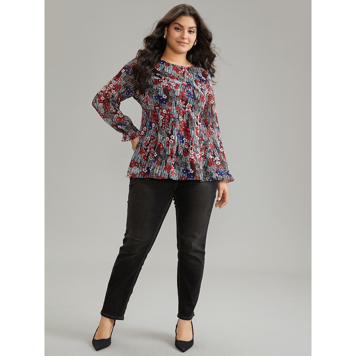 Plus Size Black Floral Ruffles Elastic Waist Lantern Sleeve Chiffon Blouse Women Elegant Long Sleeve Round Neck Everyday Blouses BloomChic 10/M Product Image
