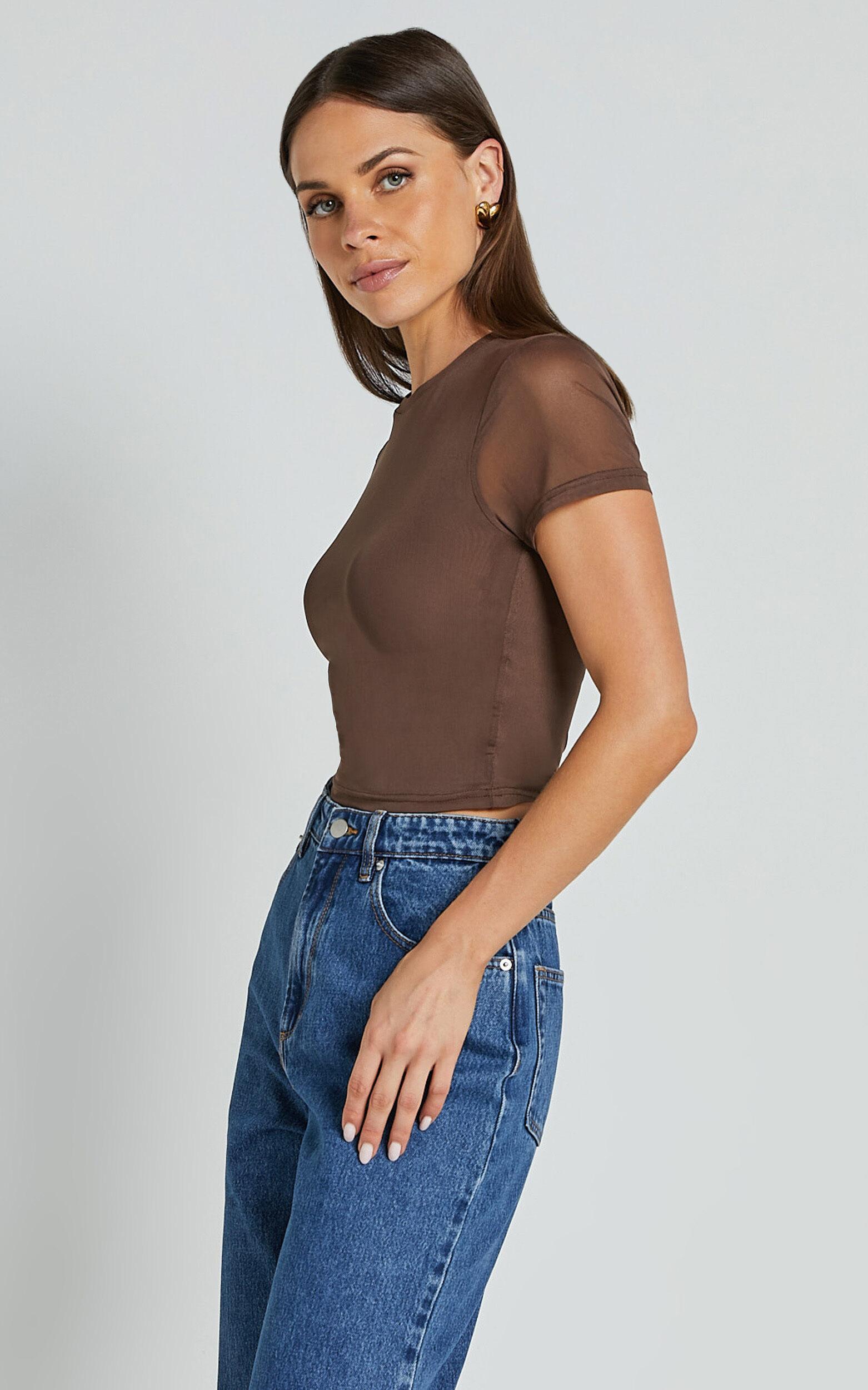 Rhianna Top - Short Sleeve Mesh Crop Top in Brown Product Image