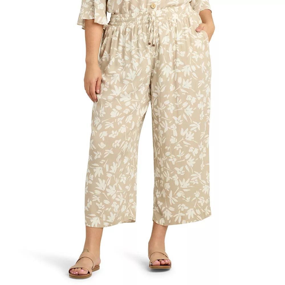Plus Size AB Studio Tie-Front Elastic Waistband Cropped Pants, Womens Brown Grnd Floral Product Image