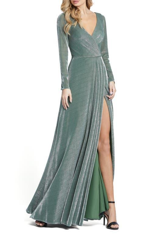 Mac Duggal Metallic Suede Surplice V-Neck Long Sleeve Thigh High Slit Faux Wrap Gown Product Image