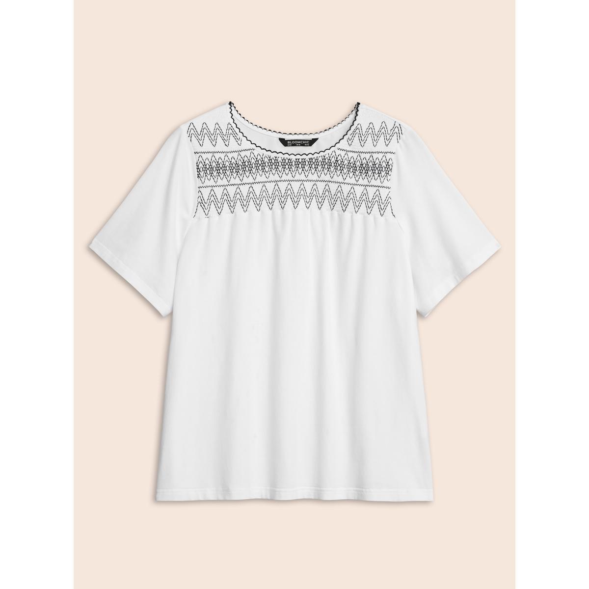 Plus Size Round Neck Embroidered Shirred T-shirt Originalwhite Women Resort Woven ribbon&lace trim Art&design Round Neck Vacation T-shirts BloomChic 26/4X Product Image