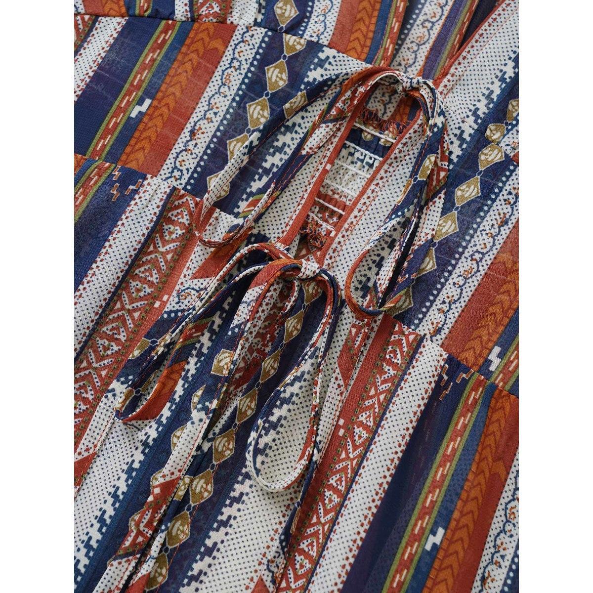Plus Size Bandana Striped Ties Shirred Elastic Waist Kimono Women DarkBlue Resort Non Vacation Kimonos BloomChic 12/L Product Image