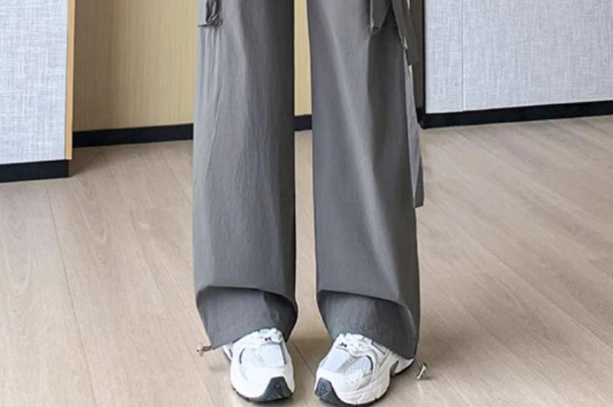 High Waist Plain Wide Leg Cargo Pants Product Image