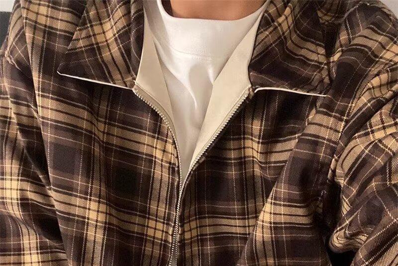 Collar Plaid Panel Applique Zip Jacket Product Image
