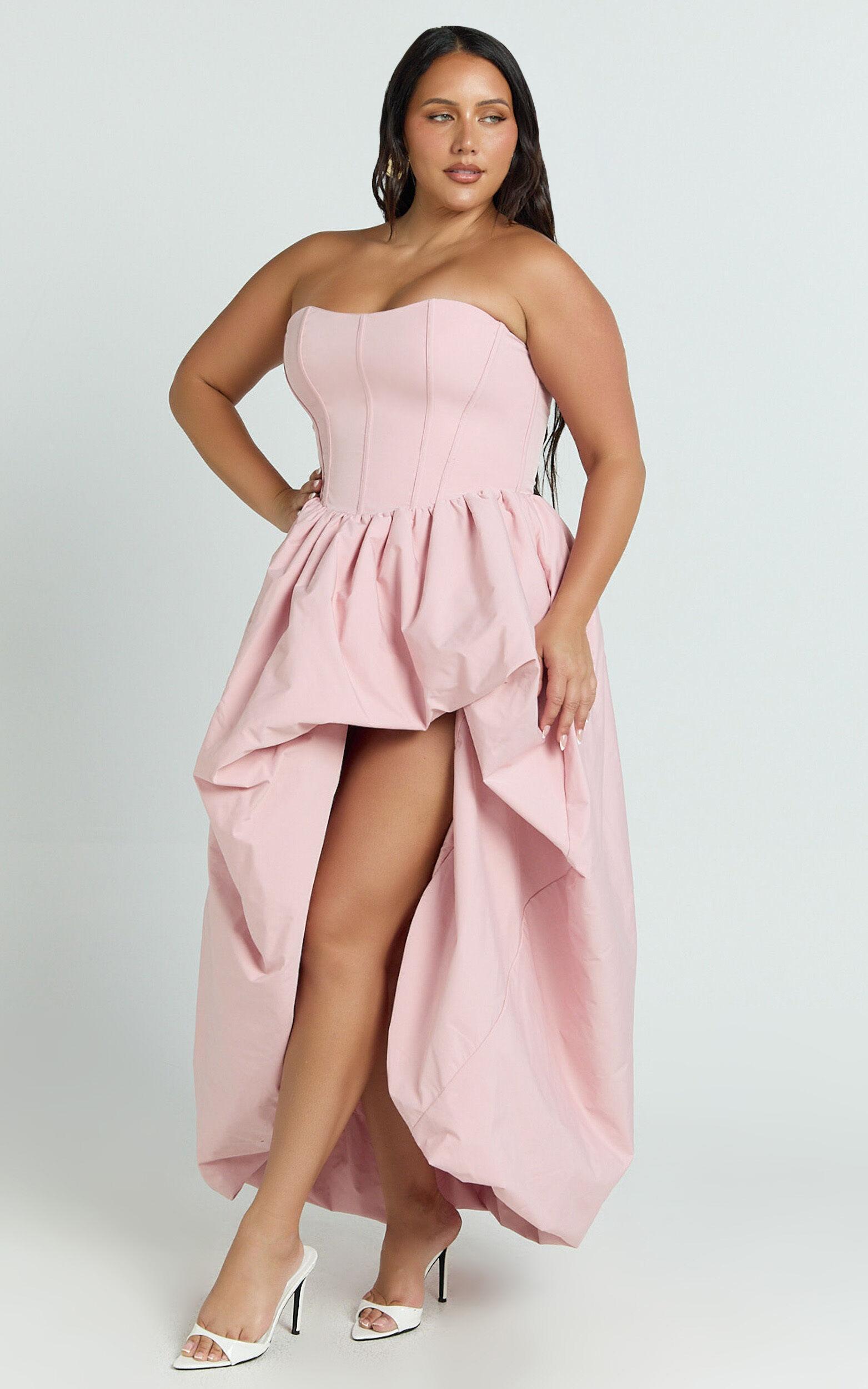 Seraphina Maxi Dress - Strapless Asymmetrical Bubble Hem Dress in Pink Product Image