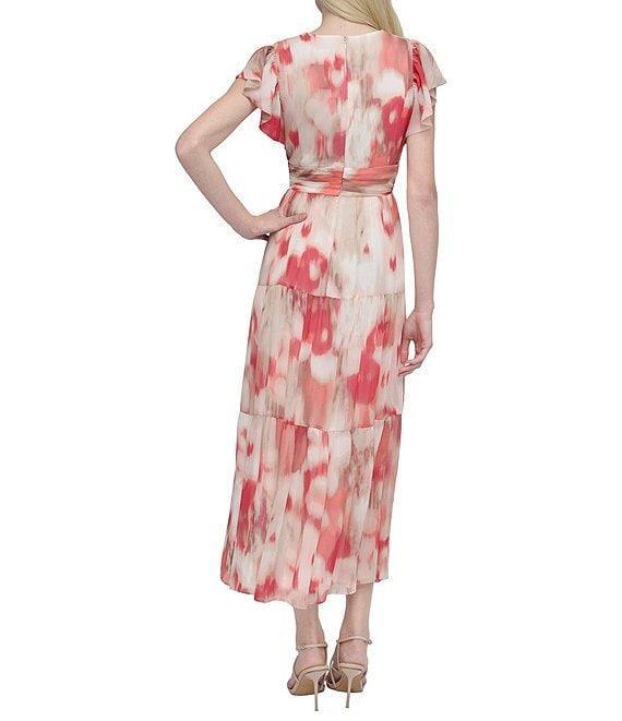 DKNY by Donna Karan Woven Abstract Print V Neck Short Flutter Sleeve Waist Tie A-Line Maxi Dress Product Image
