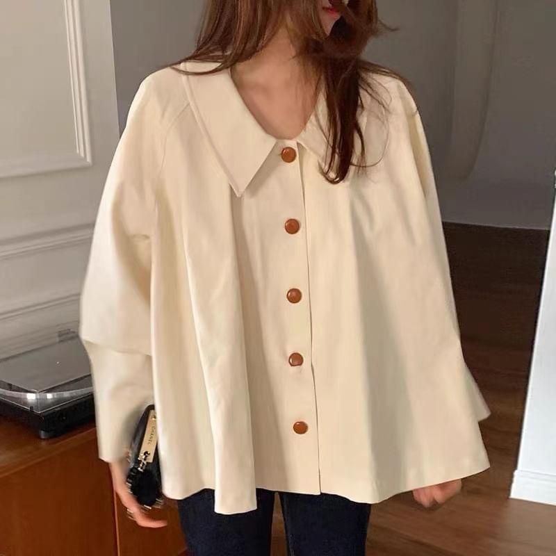 Long Sleeve Lapel Collared Plain Oversized Shirt Product Image
