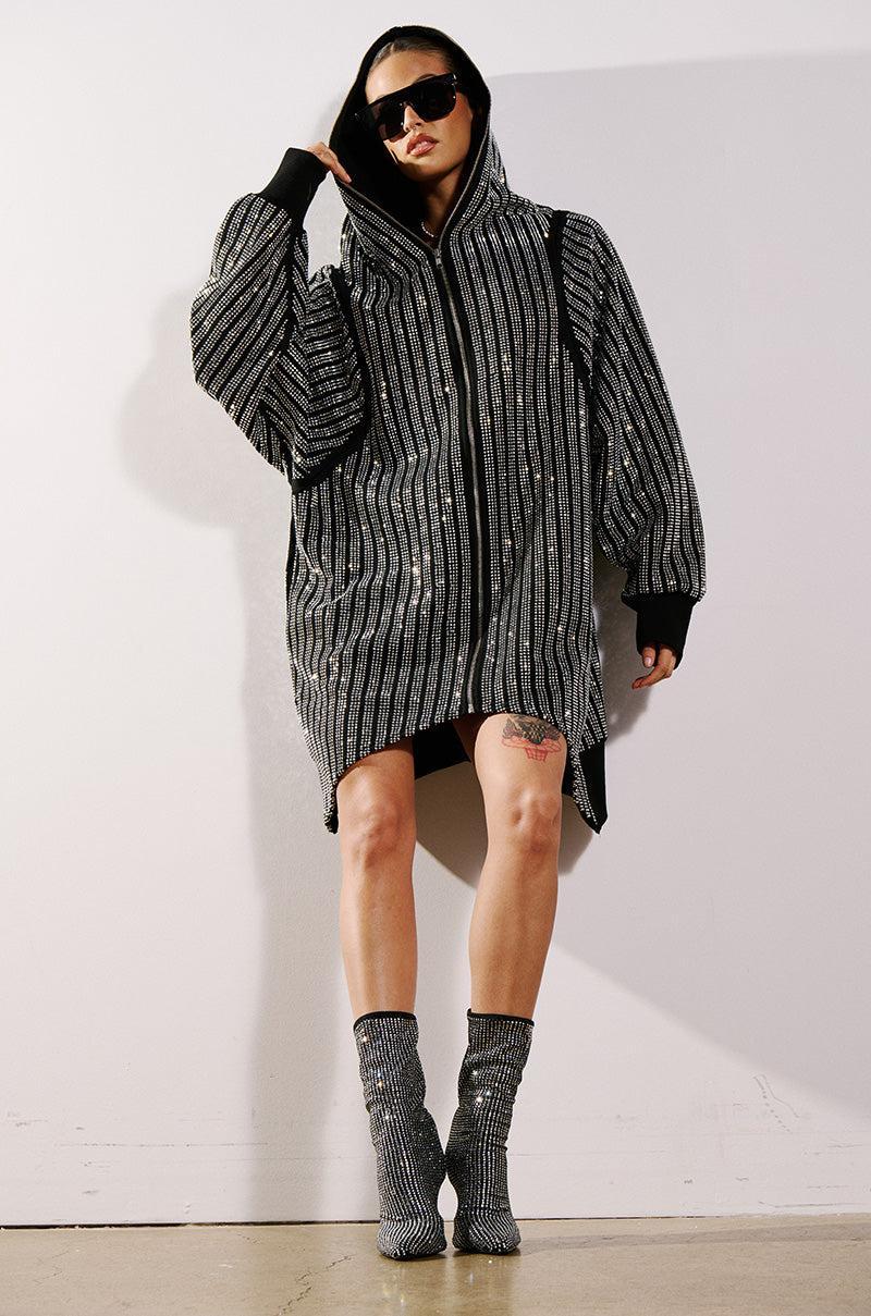 TRES CHIC PASSPORT OVERSIZE HOODED RHINESTONE ZIP UP JACKET Product Image