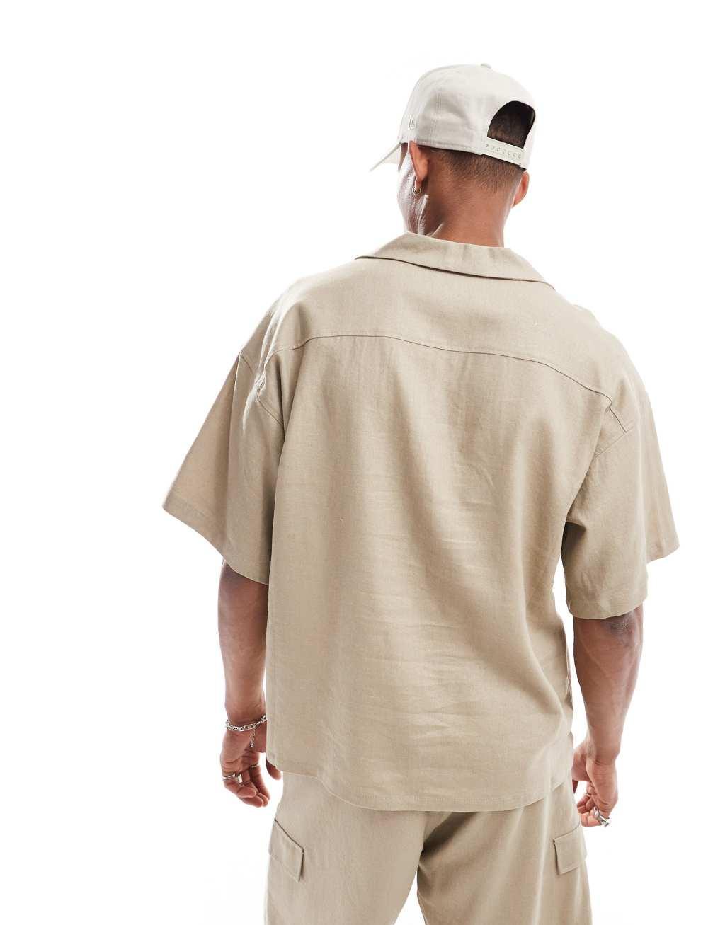 ADPT oversized linen mix revere collar shirt in beige  Product Image