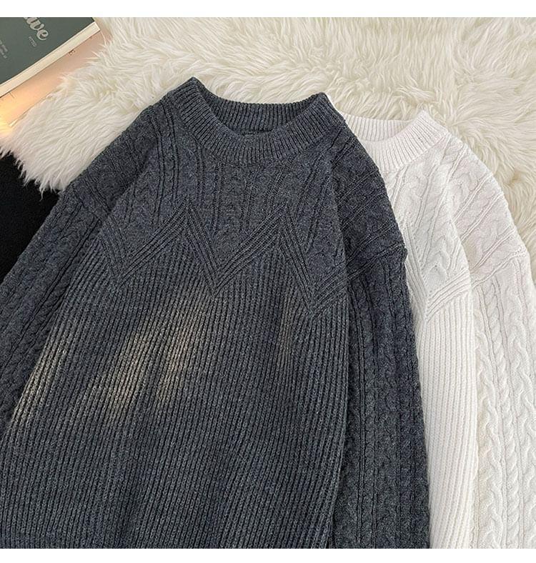 Crew Neck Plain Cable Knit Sweater Product Image