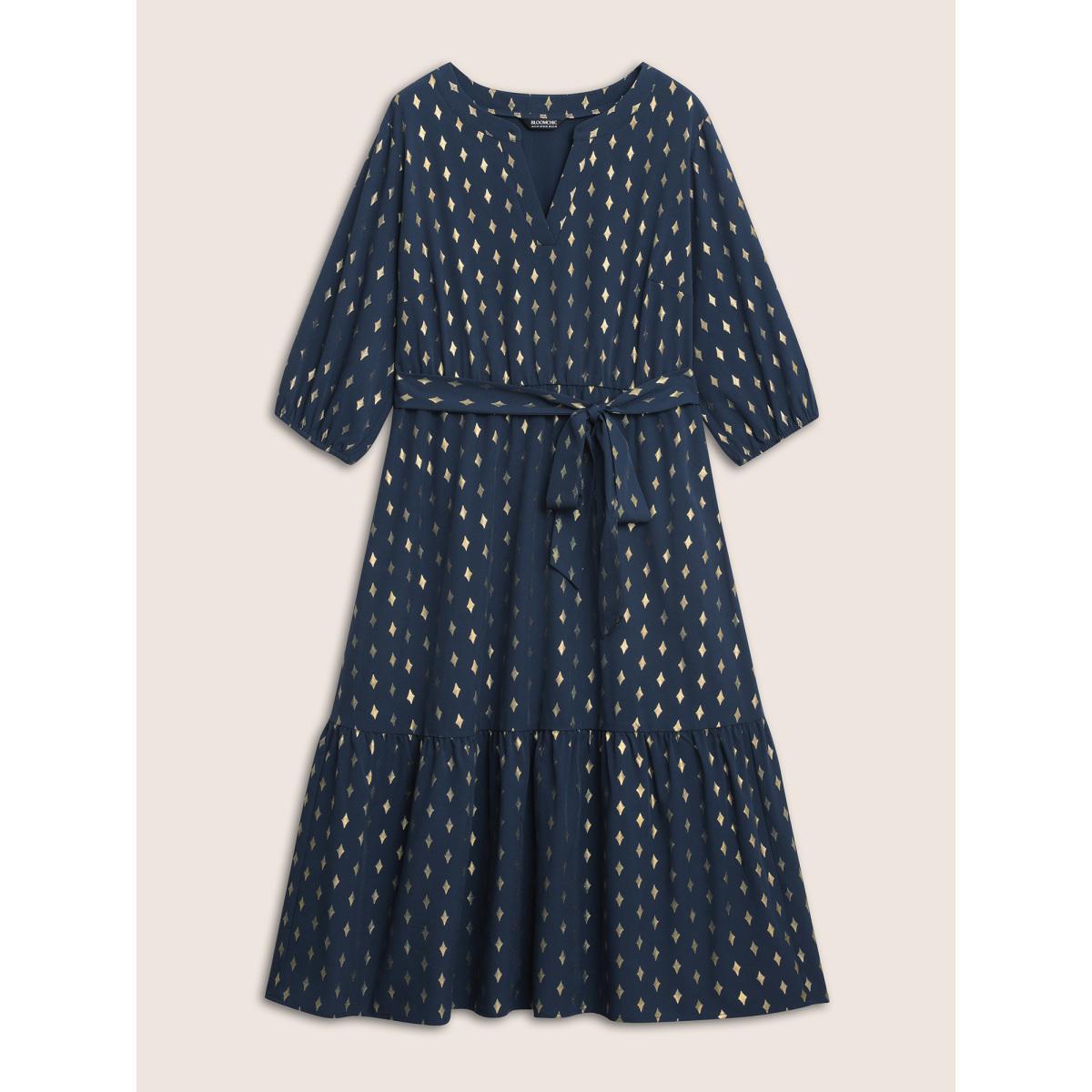 Plus Size Glitter Notched Lantern Sleeve Midi Dress Indigo Women Formal Gathered Notched collar Elbow-length sleeve Curvy BloomChic 30/6X Product Image