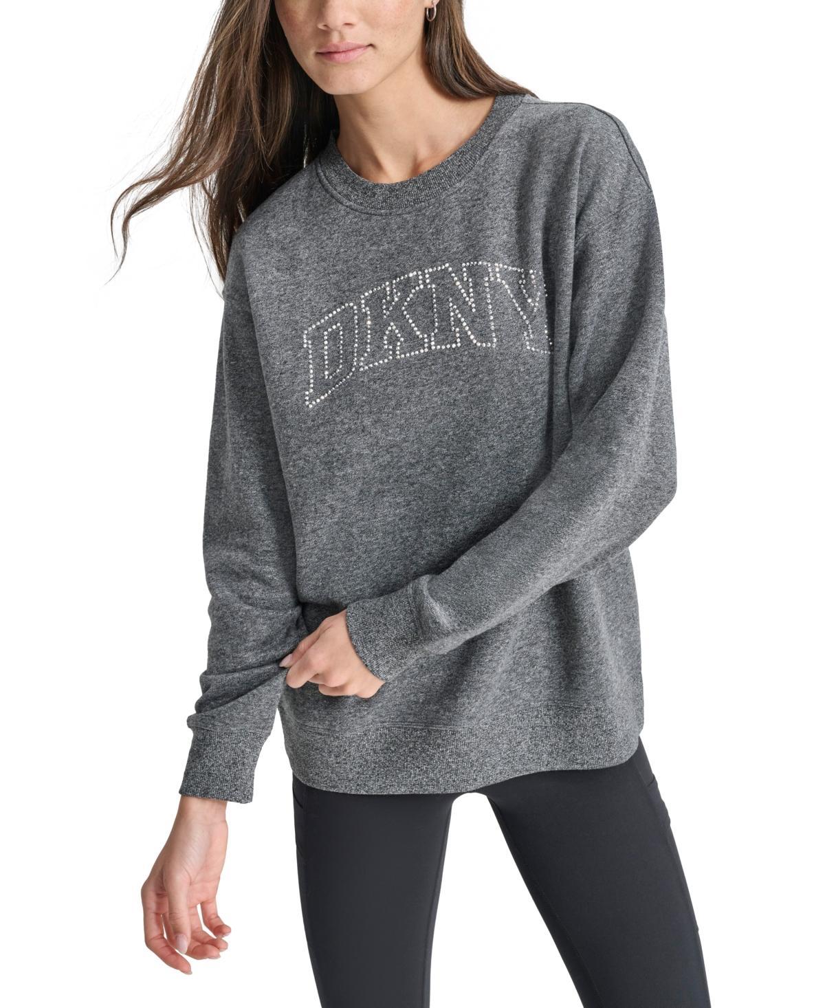 Dkny Womens Varsity Rhinestone-Logo Crewneck Fleece Sweatshirt Product Image