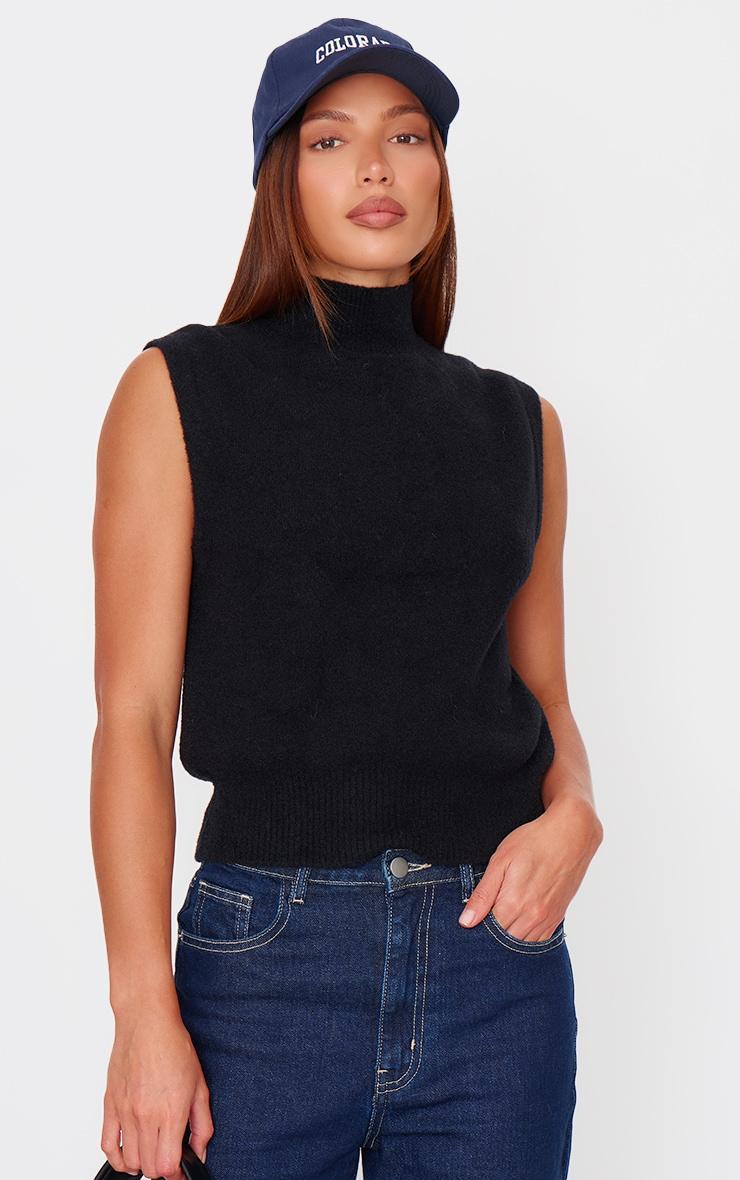 Black Soft Knit High Neck Sweater Vest Product Image