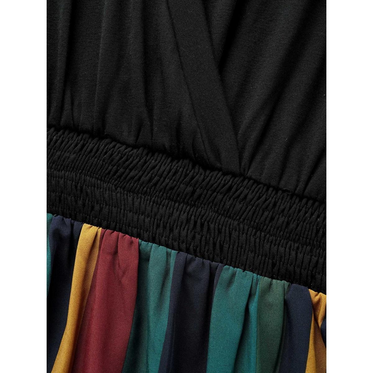 Plus Size Striped Overlap Collar Shirred Midi Dress Black Women Workwear Essentials Patchwork Overlap Collar Short sleeve Curvy BloomChic 22-24/3X Product Image