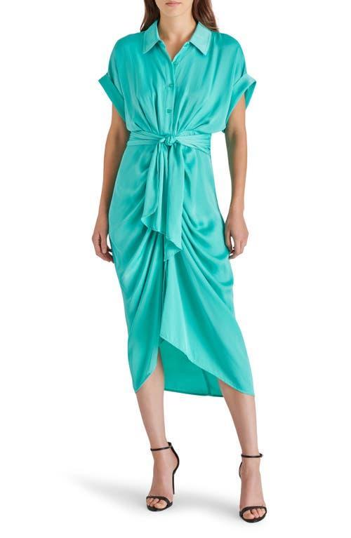 Steve Madden Tori Satin Point Collar Short Kimono Cuff Sleeve Belted Ruched Front Asymmetrical Hem Midi Shirt Dress Product Image