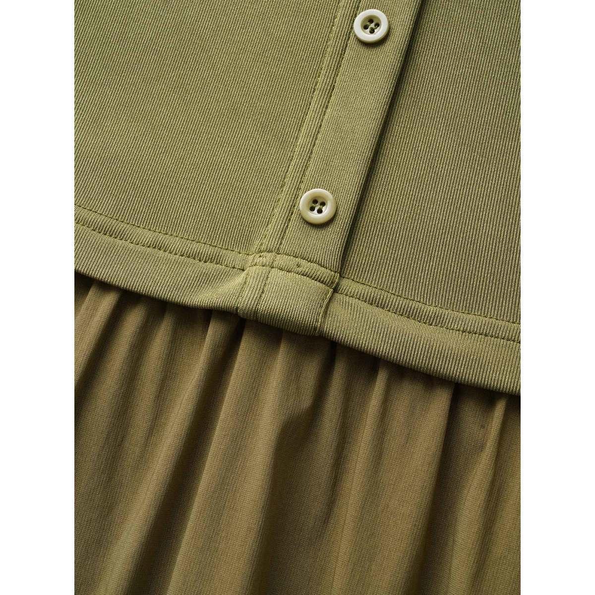 Plus Size Stretch Woven Waist-Cinching Midi Dress Olive Women Work From Home Patchwork Shirt collar Short sleeve Curvy BloomChic 26/4X Product Image