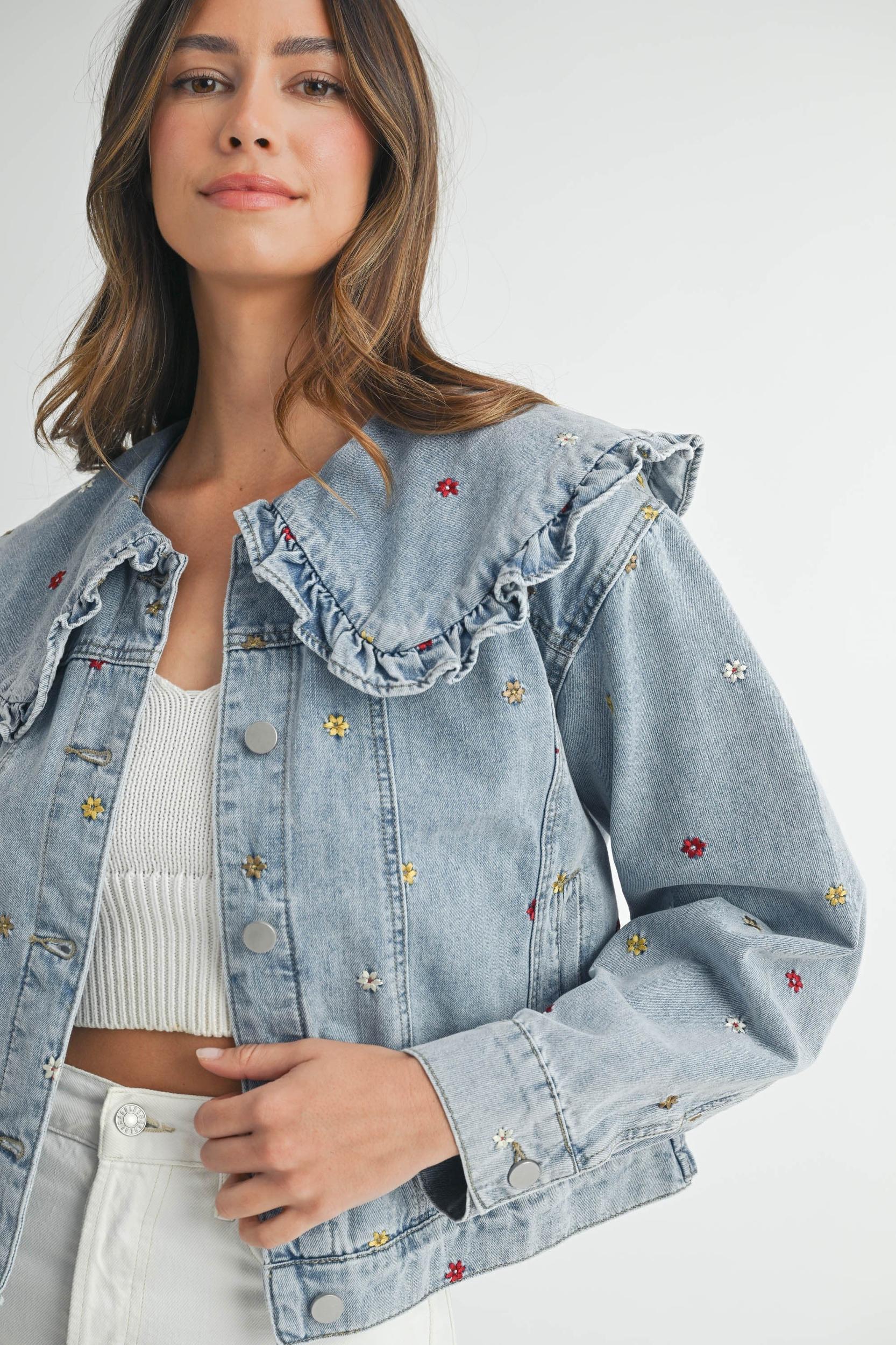 Peter Pan Collar Embroidered Denim Jacket Product Image