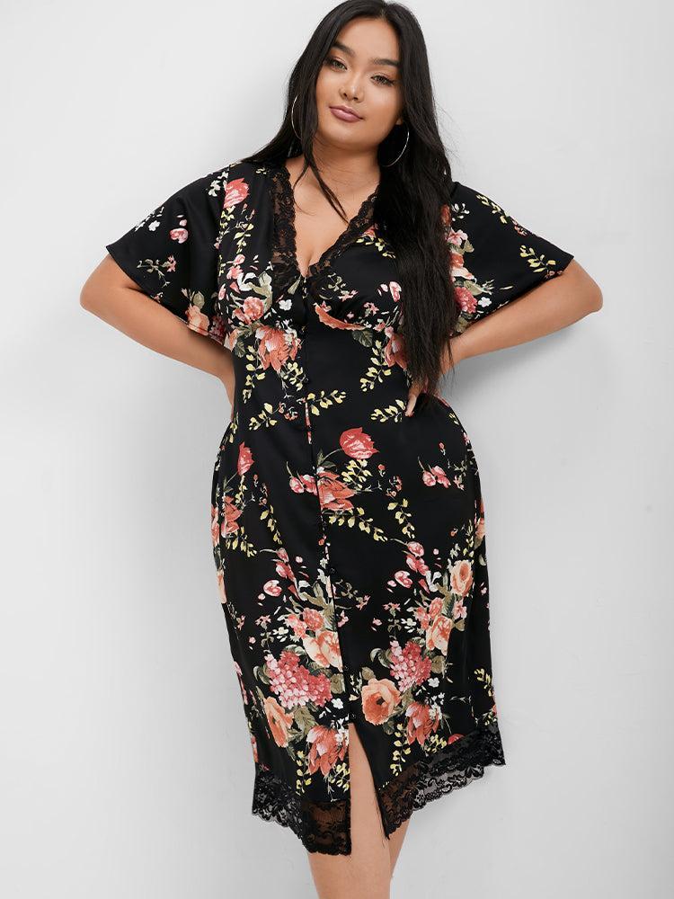 Floral V Neck Lace Button Bodycon Dress Female Product Image