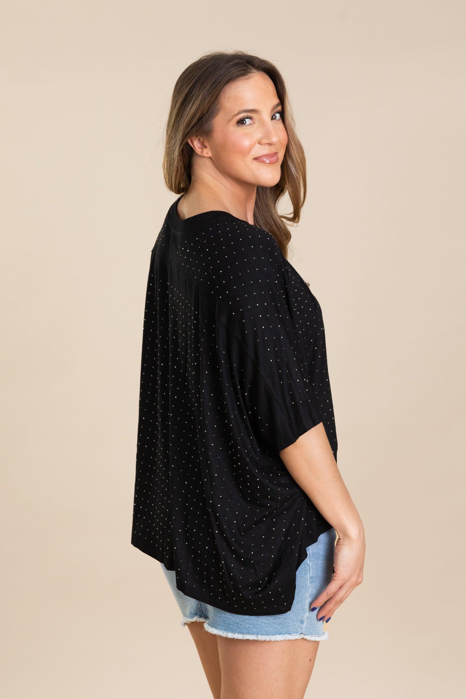 Black Oversized Mid Sleeve Rhinestone Knit Top Product Image