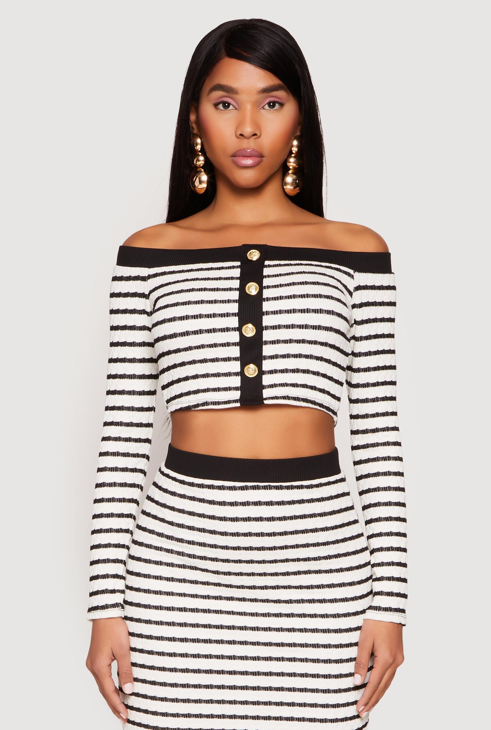 Womens Textured Knit Striped Off the Shoulder Top Product Image