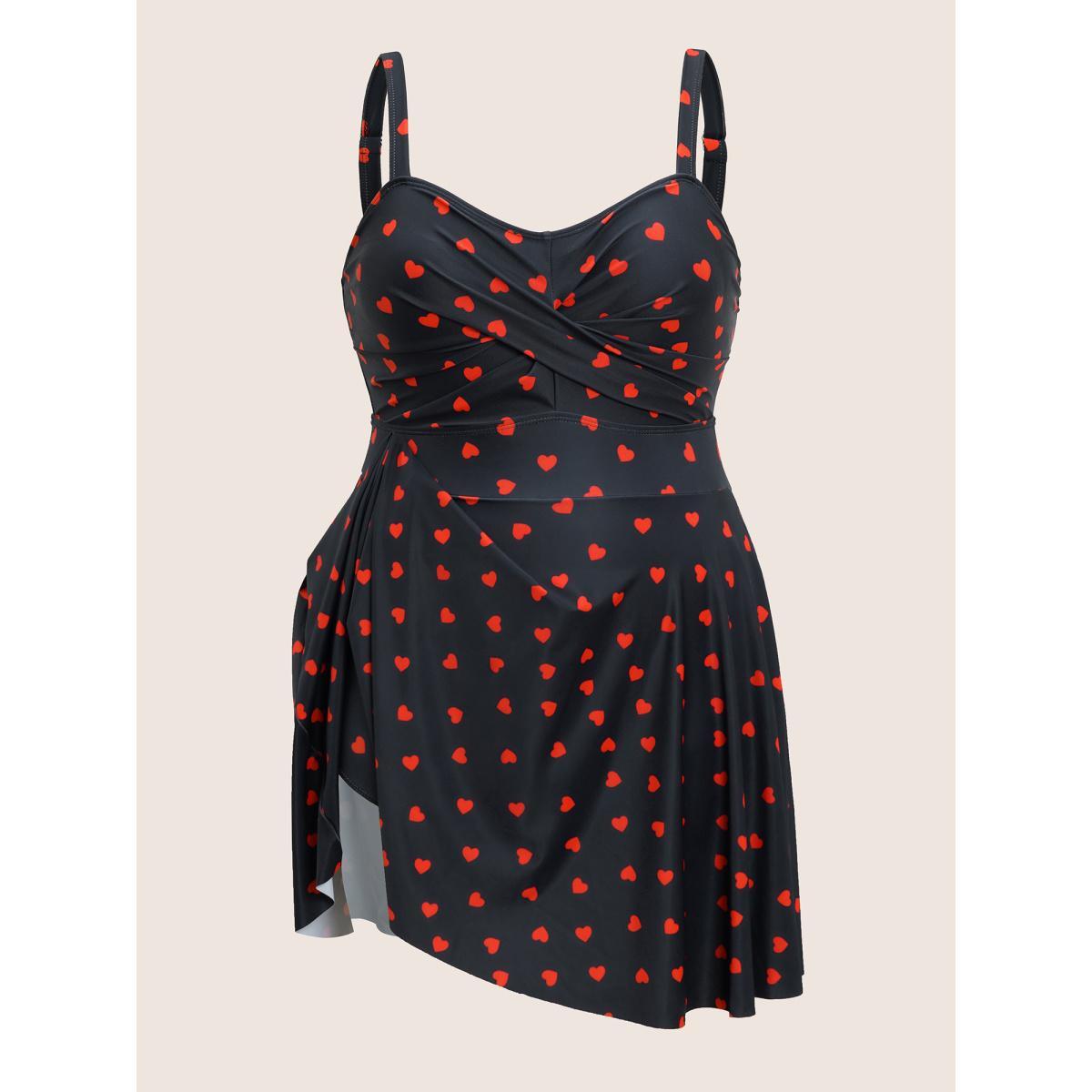 Plus Size Heart Print Crossover Adjustable Straps Swim Dress Women's Swimwear Black Beach Bodycon Heart neckline High stretch Curve Swim Dresses BloomChic 26/4X Product Image
