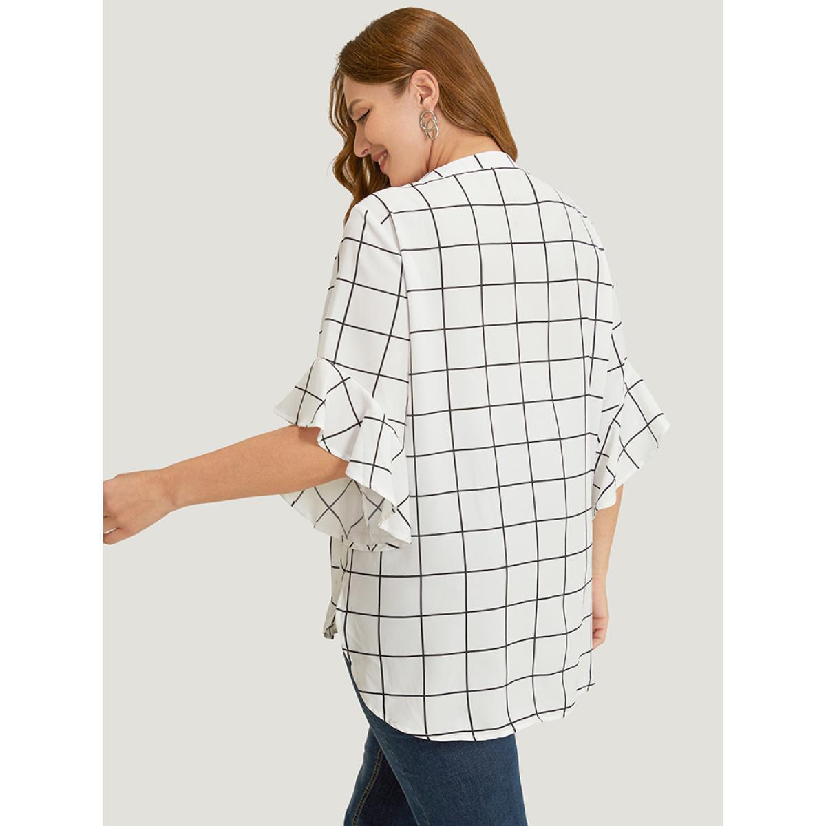 Plus Size White Plaid Notched Button Up Ruffle Sleeve Split Hem Blouse Women Office Elbow-length sleeve Notched collar Work Blouses BloomChic 14-16/1X Product Image