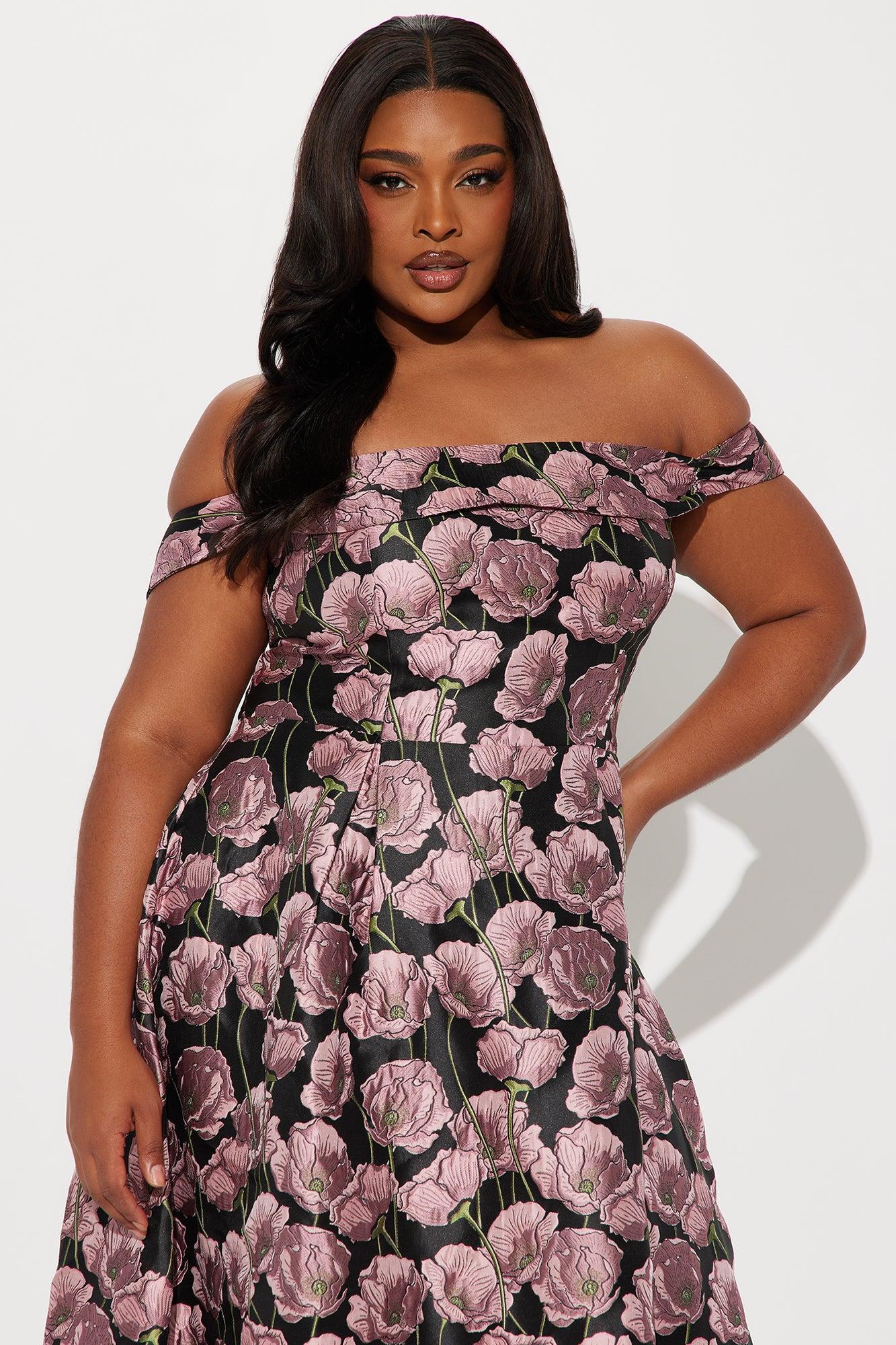 Beautiful Bloom Jacquard Midi Dress - Black/Pink Product Image