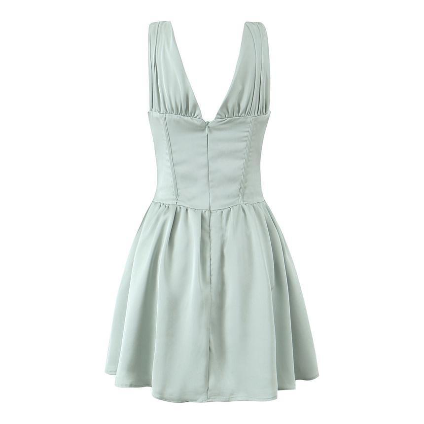Sleeveless V-Neck Plain Bow Mini A-Line Corset Dress Product Image