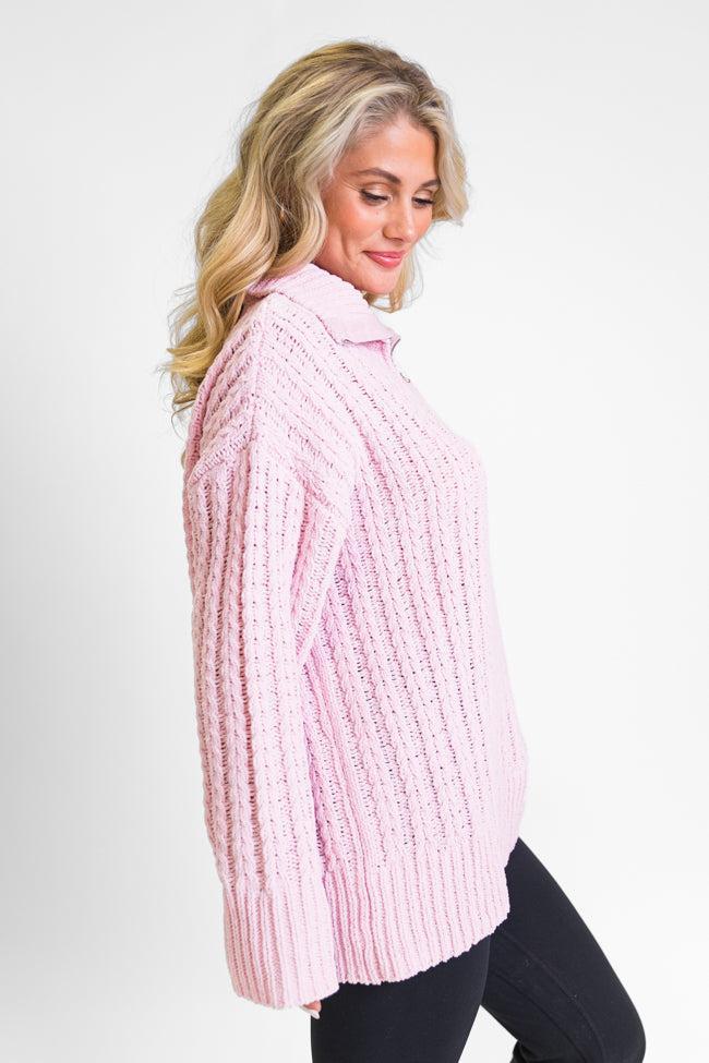 Forever Yours Pink Cable Knit Chenille Quarter Zip Sweater FINAL SALE Product Image