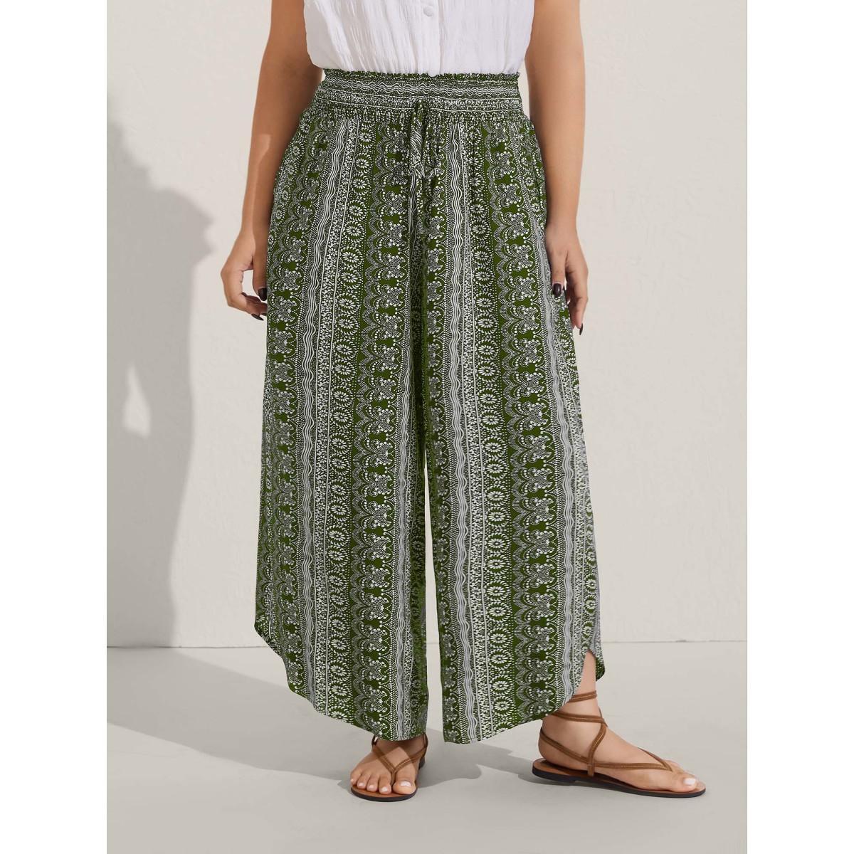 Plus Size Boho Print Shirred Waist Wide-Leg Pants Women Moss Resort Wide Leg Mid Rise Vacation Pants BloomChic 22-24/3X Product Image