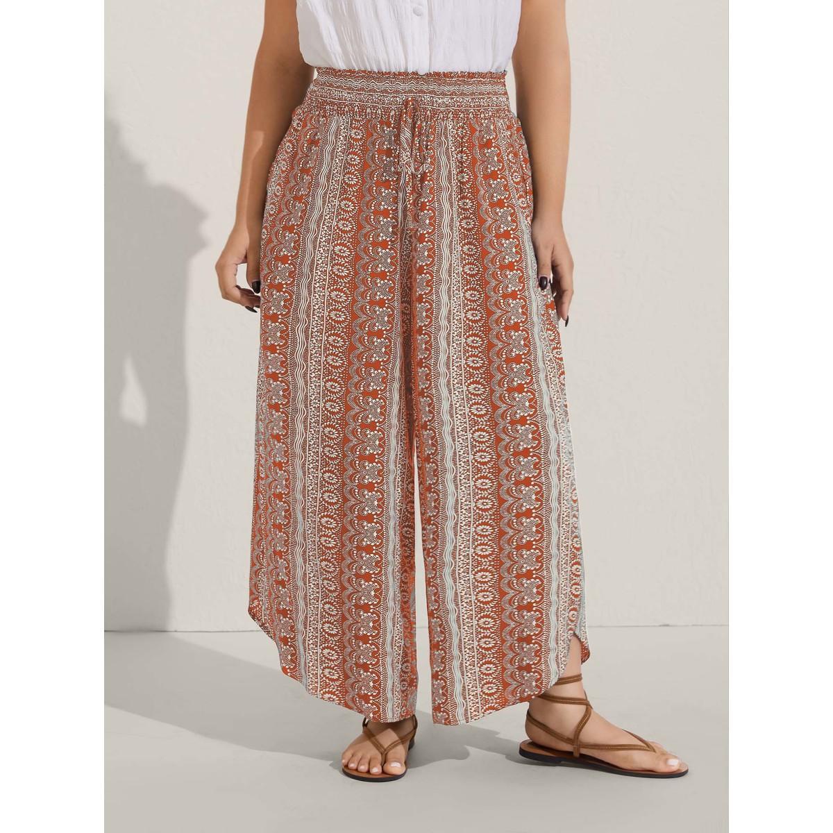 Plus Size Boho Print Shirred Waist Wide-Leg Pants Women Lilac Resort Wide Leg Mid Rise Vacation Pants BloomChic 26/4X Product Image