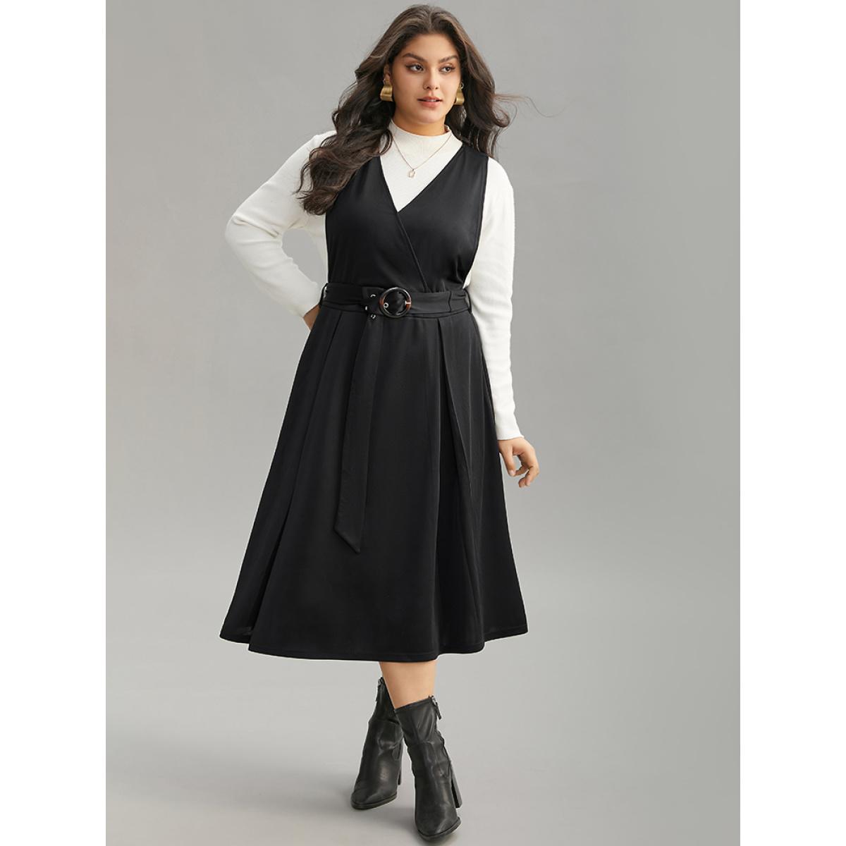 Plus Size Plain Buckle Detail Surplice Neck Tank Dress Black Women Elegant Wrap Overlap Collar Sleeveless Curvy Midi Dress BloomChic 14-16/1X Product Image