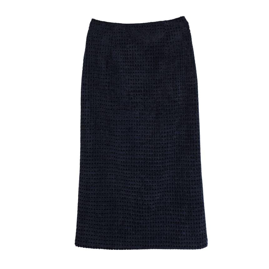 Plus Size Long-Sleeve Mock Neck Plain Ribbed Knit Top / V-Neck Fluffy Trim Vest / High Waist Midi Straight Skirt Product Image