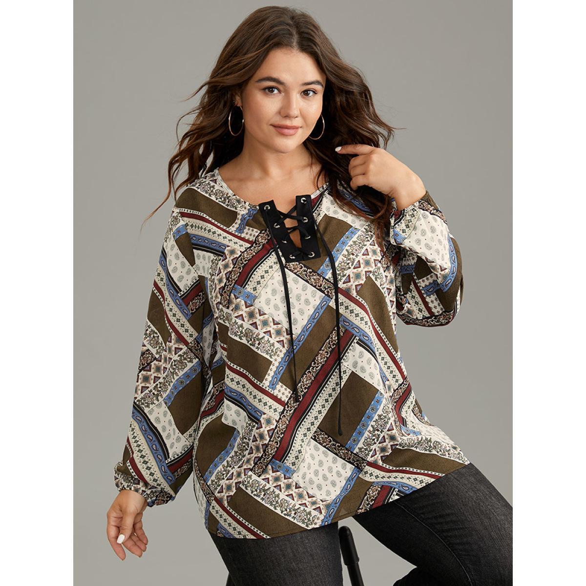 Plus Size Scarlet Moroccan Print Lace Up Lantern Sleeve Blouse Women Vacation Long Sleeve Tie Neck Vacation Blouses BloomChic 14-16/1X Product Image