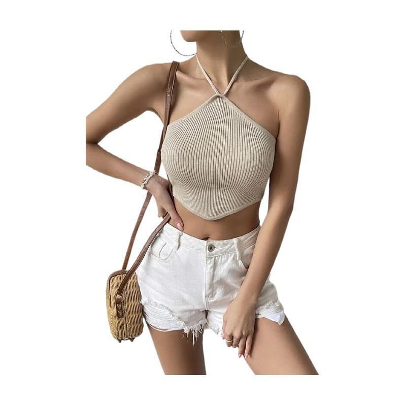 Halter-Neck Plain Ribbed Crop Knit Top Product Image