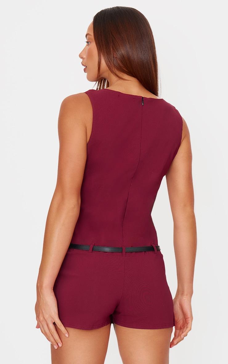 Burgundy Stretch Woven Pleated Belted Skort Romper Product Image