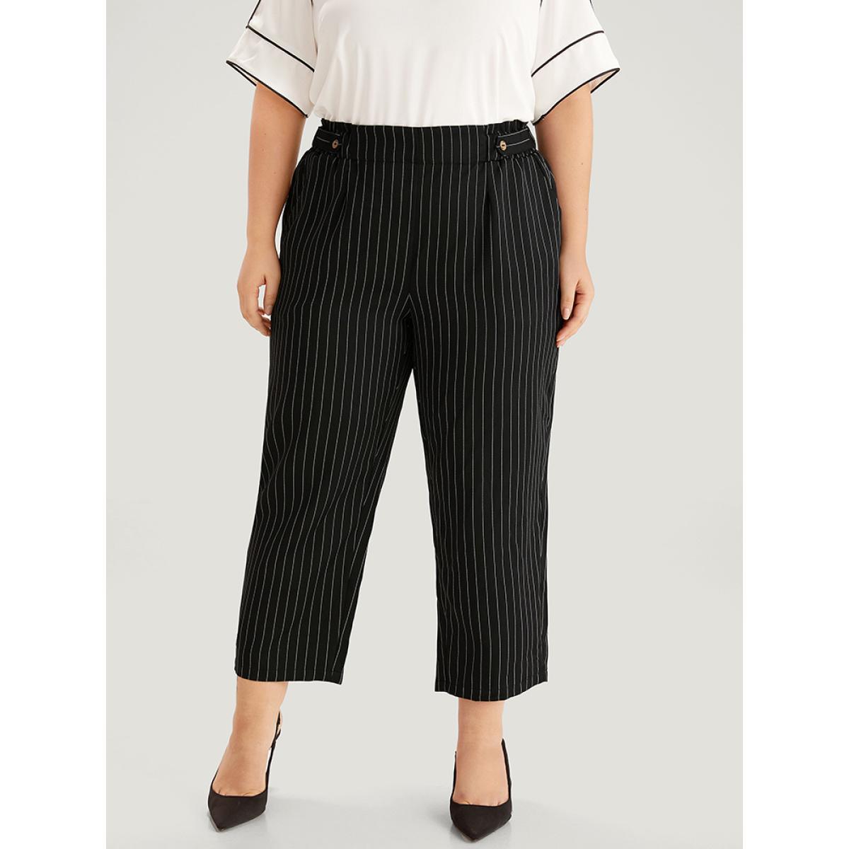 Plus Size Striped Button Detail Pocket Pleated Pants Women Black Office Straight Leg High Rise Work Pants BloomChic 26/4X Product Image