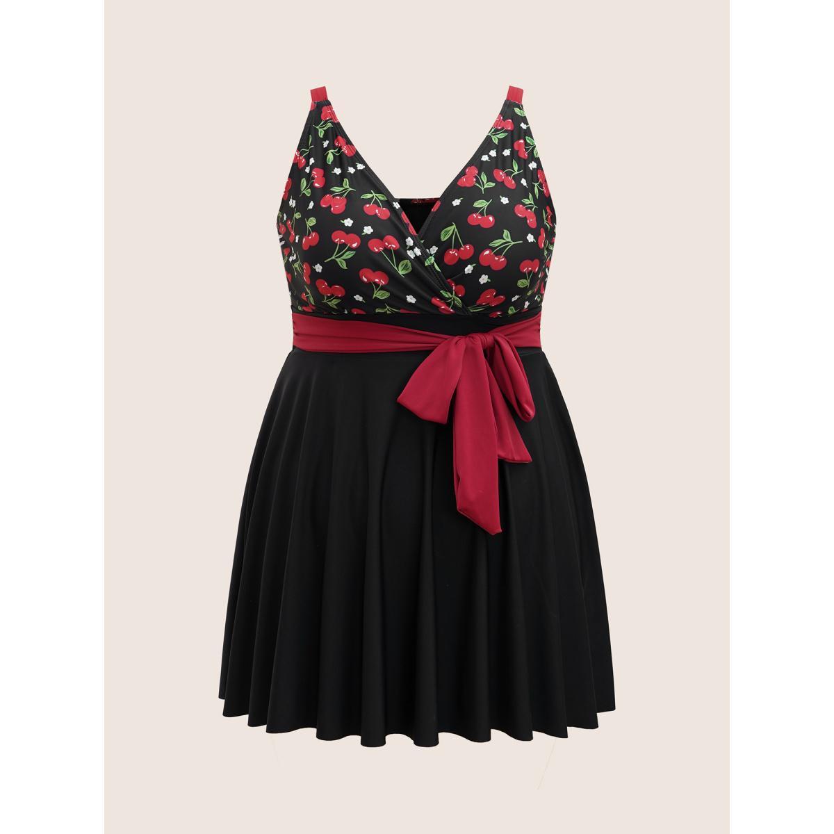 Plus Size Cherry Print Wrap Tie Knot Swim Dress Women's Swimwear Black Beach Bodycon Overlap Collar High stretch Curve Swim Dresses BloomChic 28/5X Product Image