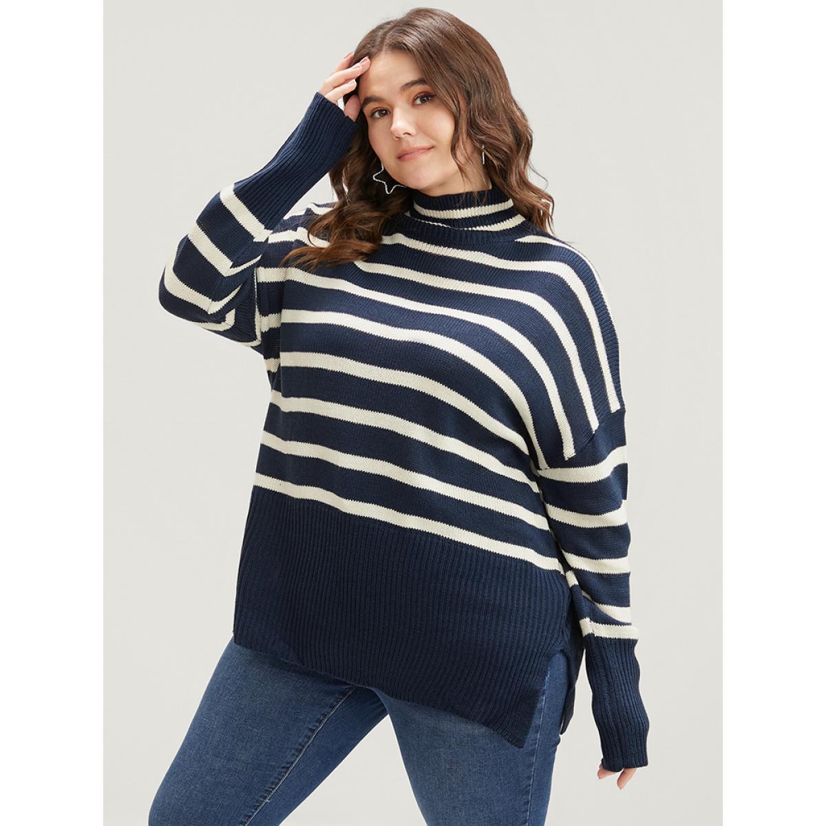 Plus Size Striped Contrast Pointelle Knit Split Hem Mock Neck Knit Top DarkBlue Women Casual Loose Long Sleeve Mock Neck Dailywear Pullovers BloomChic 12/L Product Image