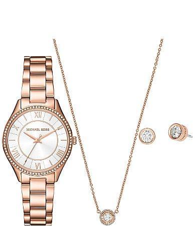 Michael Kors Womens Lauryn Three-Hand Rose Gold-Tone Stainless Steel Bracelet Watch Set Product Image