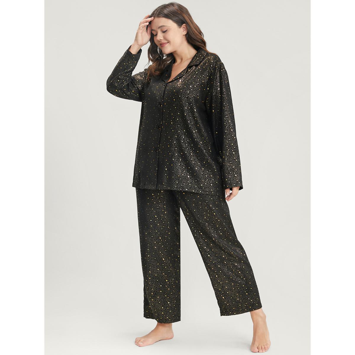 Plus Size Moon And Star Suit Collar Button Up Pajama Set Women Black Moon and Star Printed Long Sleeve Suit Collar Casual Loungewear Sets BloomChic 22-24/3X Product Image