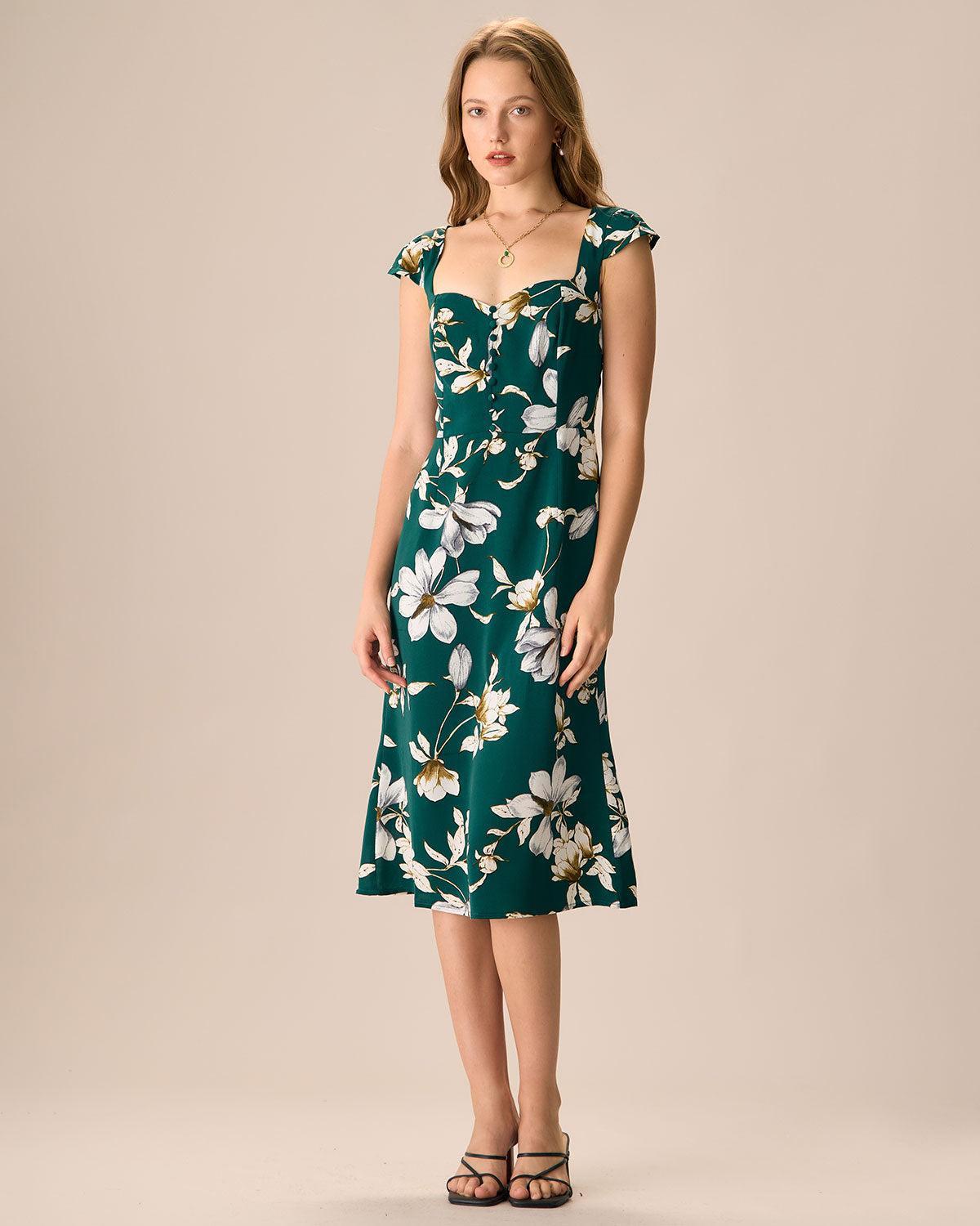 The Green Sweetheart Neck Cap Sleeve Floral Midi Dress Product Image