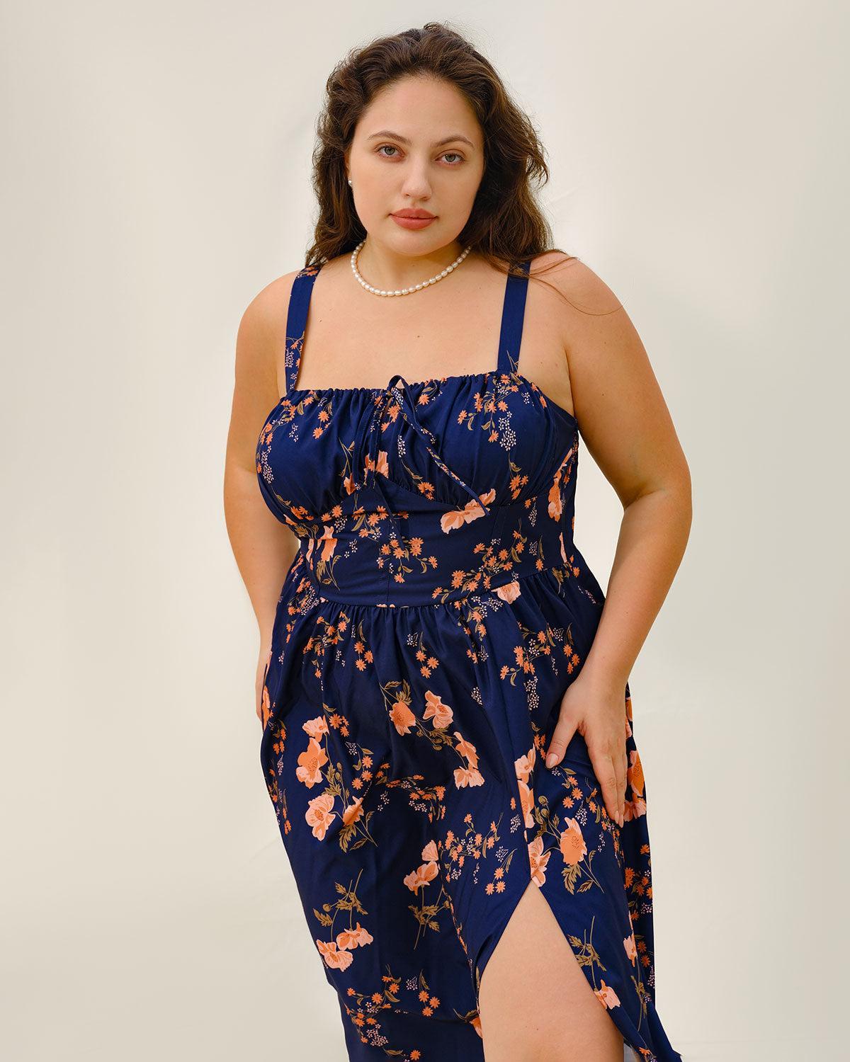 Navy Floral Ruched Plus Size Slip Midi Dress Product Image