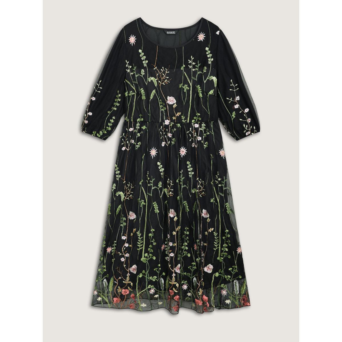 Plus Size Floral Embroidered Elastic Waist Lined Midi Dress Black Women Cocktail Texture Party Curvy Bloomchic 22-24/3X Product Image