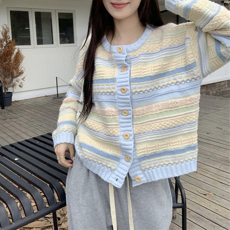 Round Neck Striped Button Up Cardigan Product Image