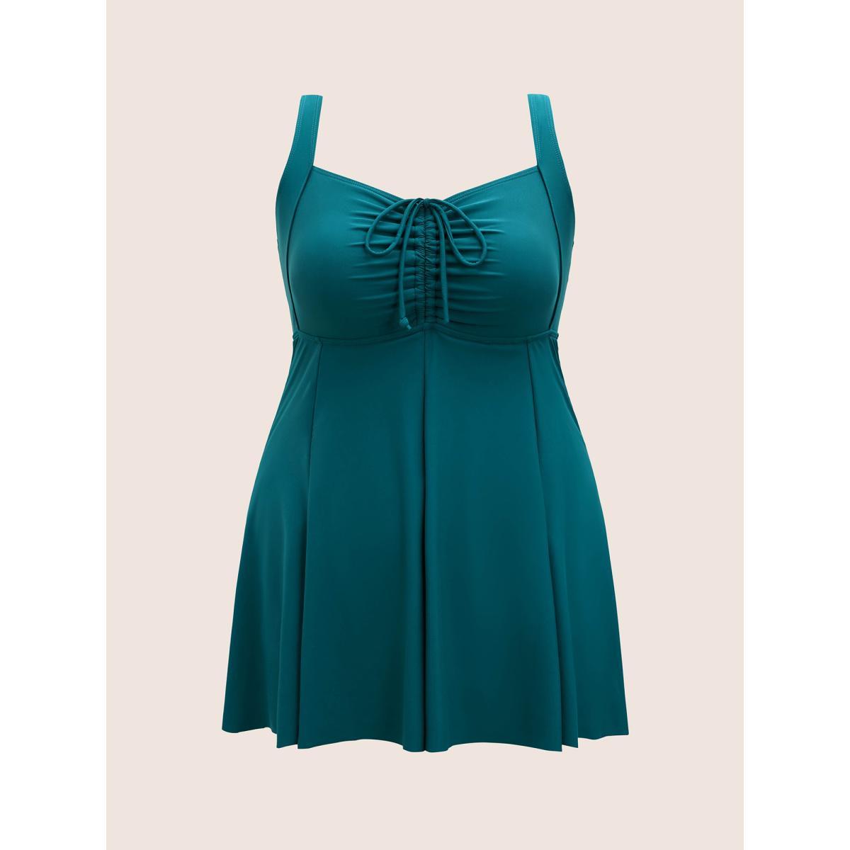 Plus Size Heart Neckline Drawstring Patchwork Pleated Swim Dress Women's Swimwear Cyan Beach Bodycon Heart neckline High stretch Curve Swim Dresses BloomChic 10/M Product Image