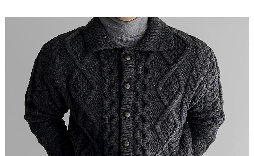 Collared Plain Cable Knit Button Cardigan Product Image