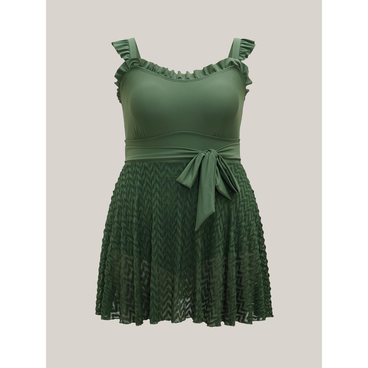 Plus Size Frill Trim Belted Fit Flare Swim Dress Women's Swimwear Moss Beach Bodycon Heart neckline High stretch Curve Swim Dresses BloomChic 12/L Product Image