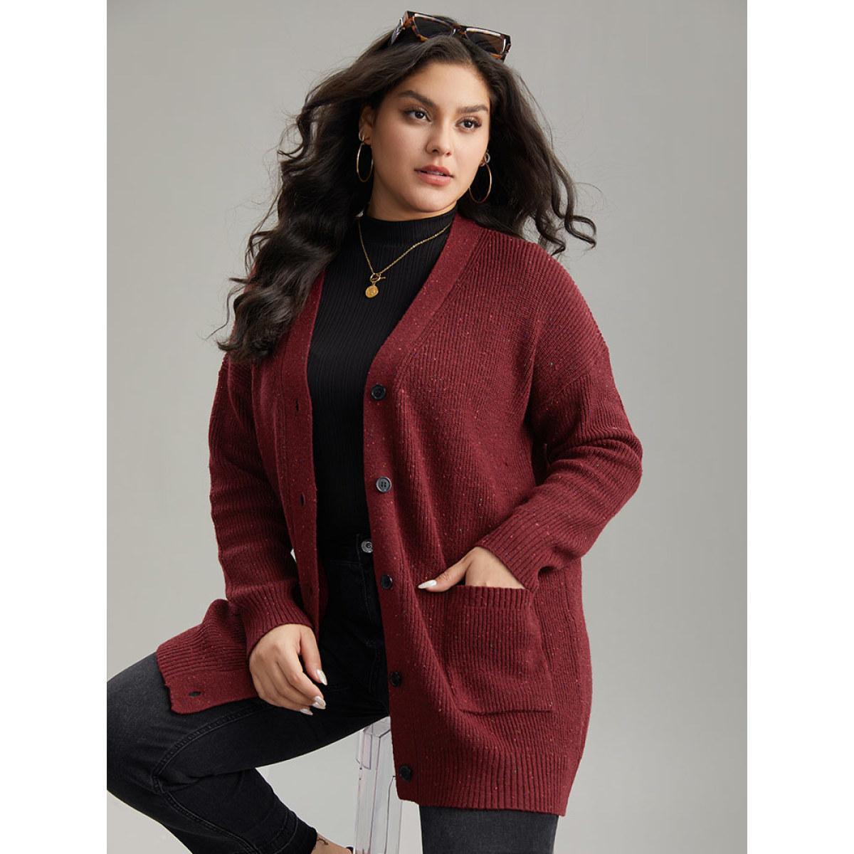 Plus Size Plisse Plain Button Fly Patched Pocket Cardigan Scarlet Women Casual Loose Long Sleeve Everyday Cardigans BloomChic 14-16/1X Product Image